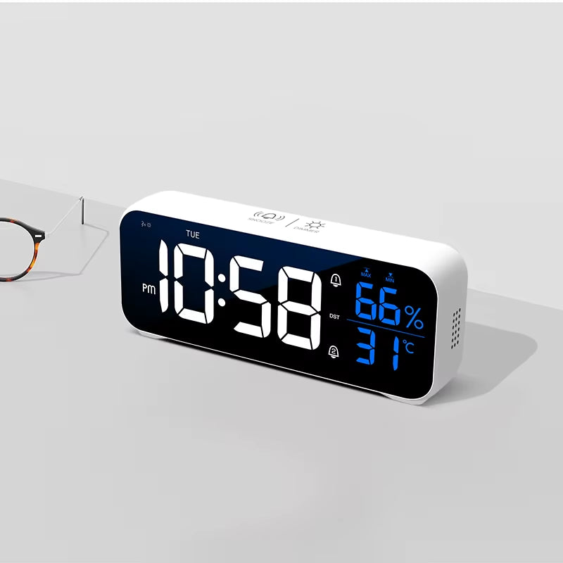 Digital Alarm Clock Table Electronic Clock with Temperature Humidity Weekday & Dual Alarms Ringtones Rechargeable