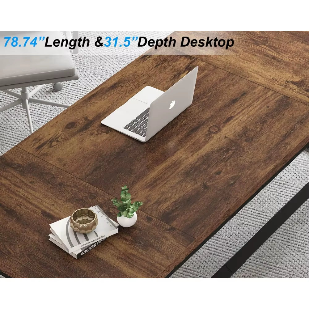 Rustic Large Desk for Home Office, 78.7" Extra Long Computer Desk, Wood Metal Wide Work Desk for Study Writing, Farmhouse Dual