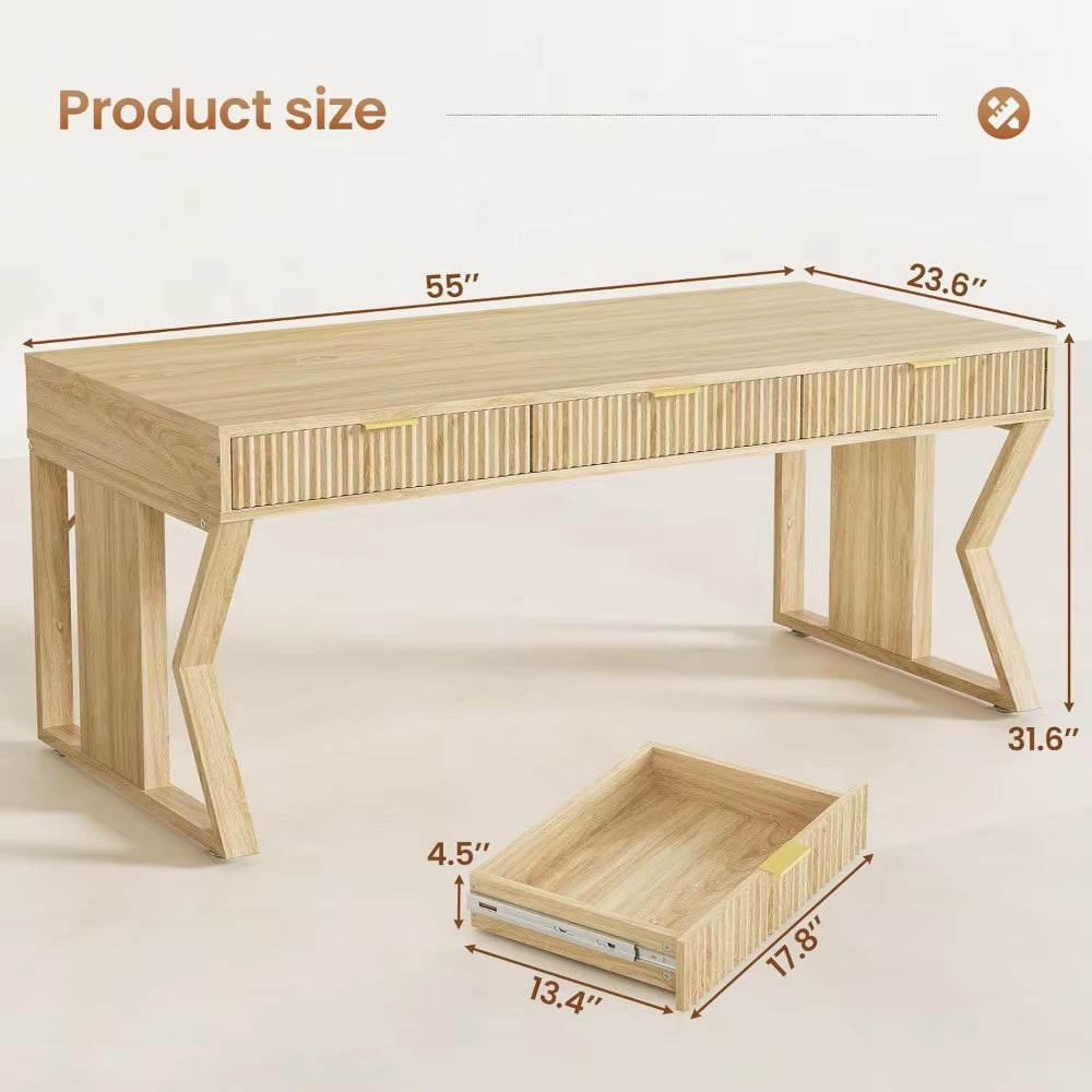 SEDETA 55 Executive Office Desk with 3 Drawers, Home Office Desk with Storage Drawers, Computer Writing Desk Study Table, Natura
