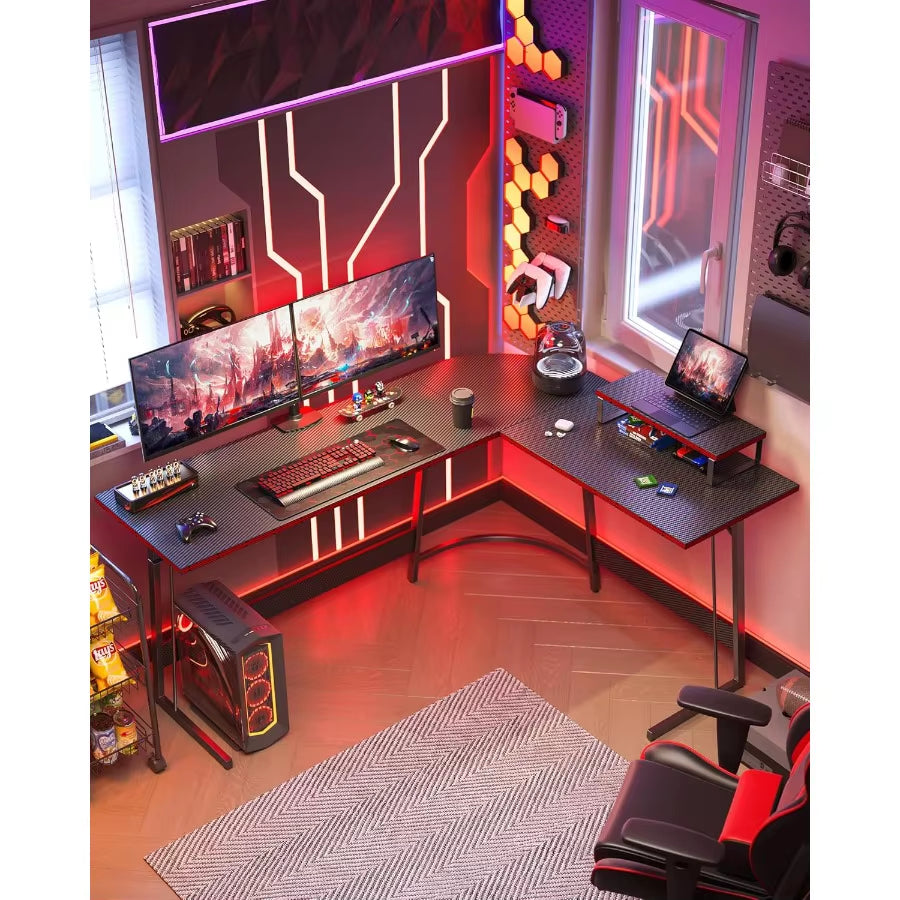 L Shaped Gaming Desk Computer Office Desk with Carbon Fiber Surface 47 Inch Corner Desk with Large Monitor Stand for Home Offic