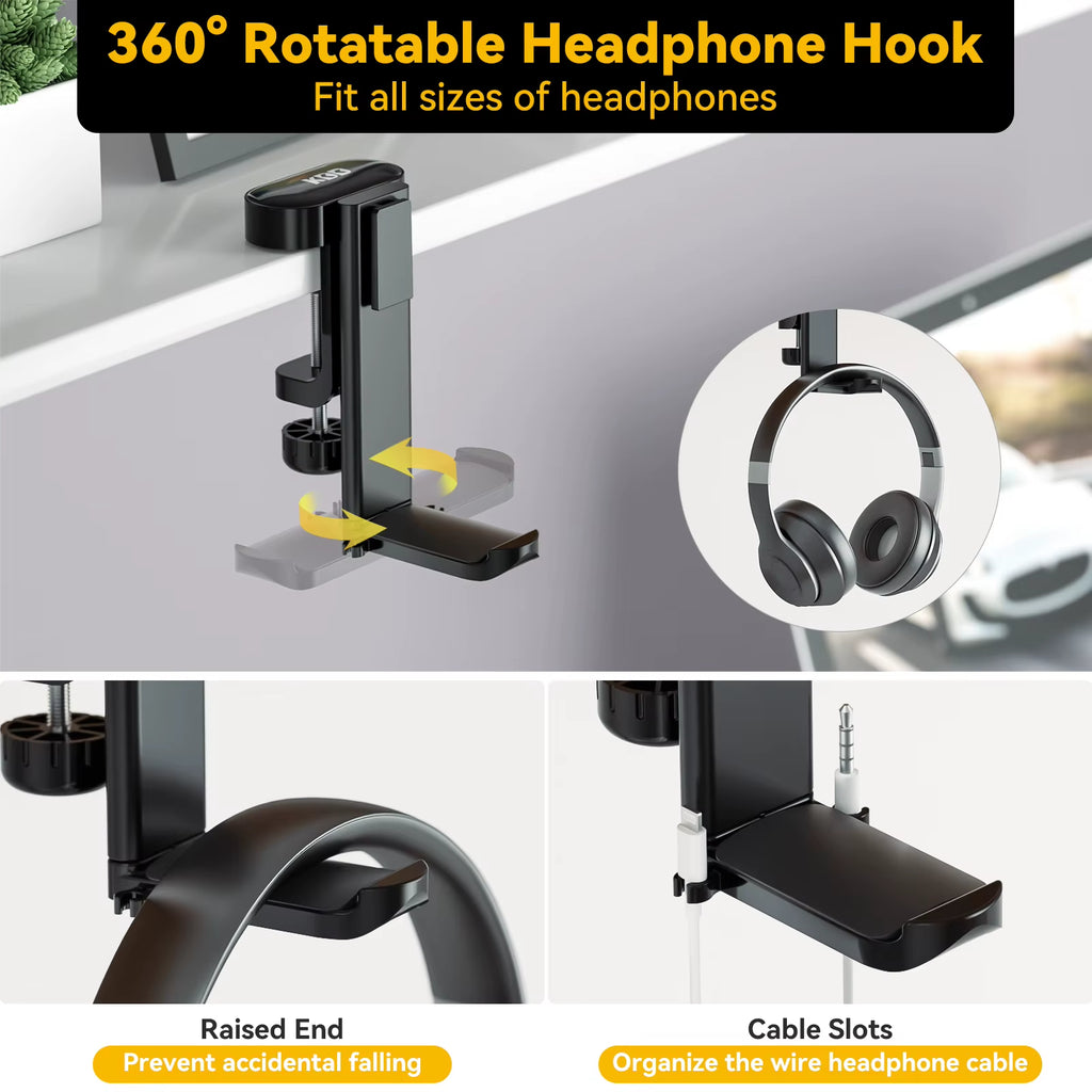 4 in 1 Desk Cup Holder Clamp on under Desk Headphone Hanger Rotating Headphone Holder Detachable Cup Holder Desk Storage