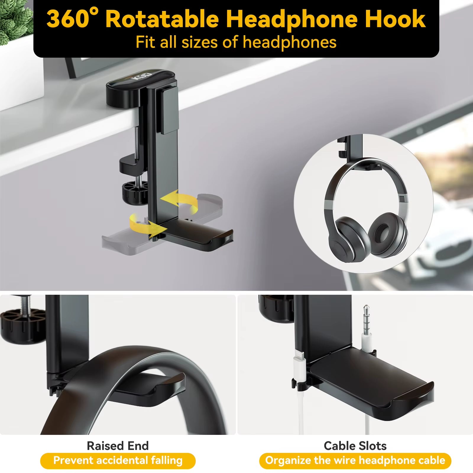 4 in 1 Desk Cup Holder Clamp on under Desk Headphone Hanger Rotating Headphone Holder Detachable Cup Holder Desk Storage