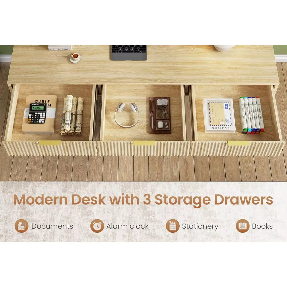 SEDETA 55 Executive Office Desk with 3 Drawers, Home Office Desk with Storage Drawers, Computer Writing Desk Study Table, Natura