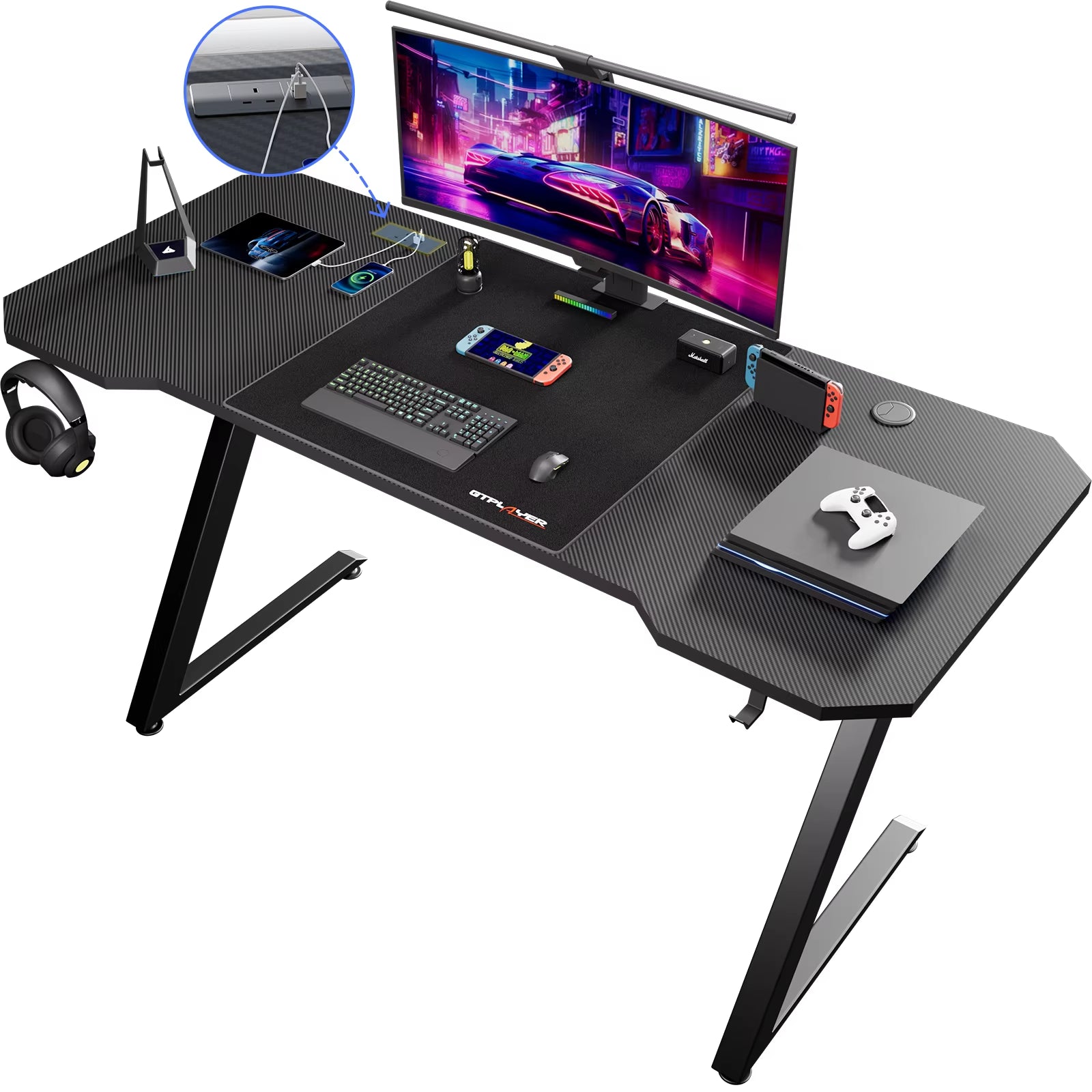 Gaming Desk Computer Desk Sturdy Carbon Fiber Z Frame Large Gaming Table with Headphone Hooks PC Desk