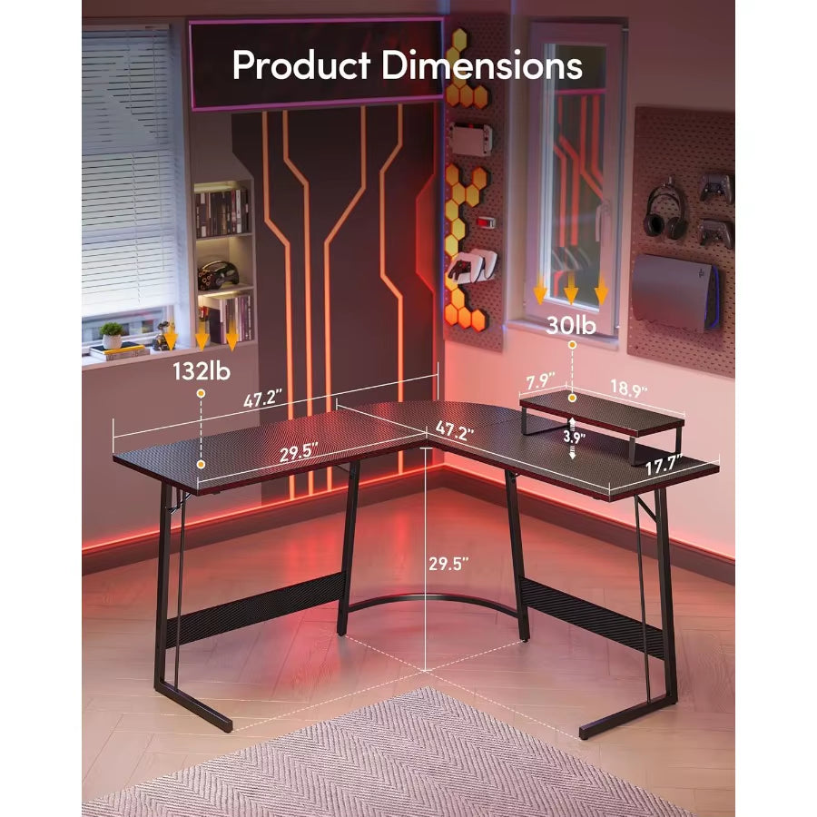 L Shaped Gaming Desk Computer Office Desk with Carbon Fiber Surface 47 Inch Corner Desk with Large Monitor Stand for Home Offic