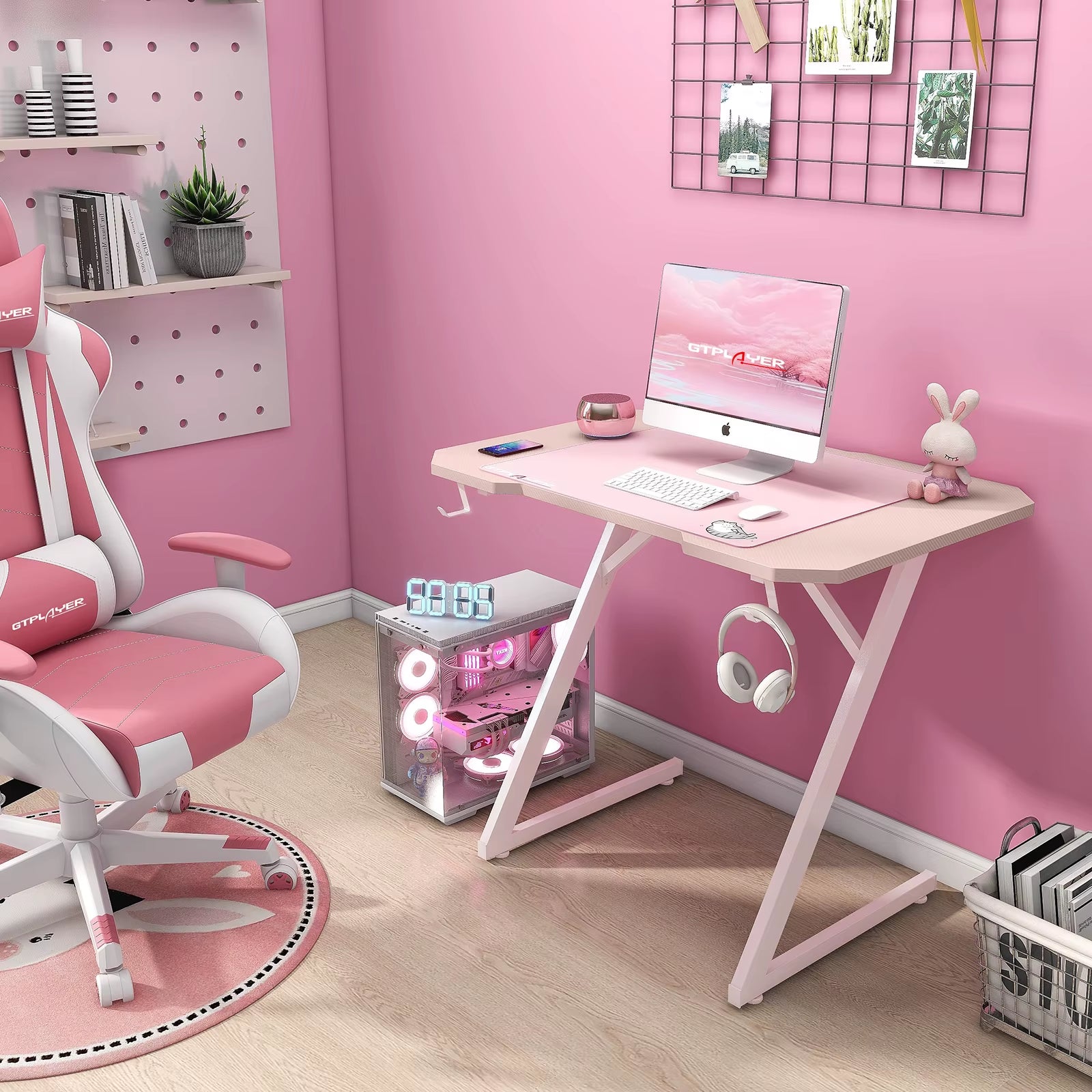 Gaming Desk Computer Desk Sturdy Carbon Fiber Z Frame Large Gaming Table with Headphone Hooks PC Desk