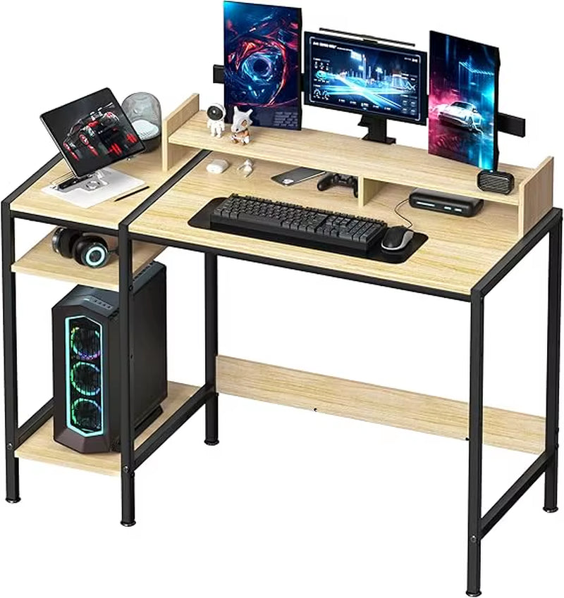 Gaming/Computer Desk - 47” Home Office Small Desk with Monitor Stand, Rustic Writing Desk for 2 Monitors, Adjustable Storage Spa