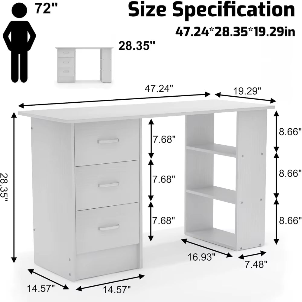 Computer Desk with Drawers,Standing Desk with Storage Racks,Writing Desk for Home Office or Bedroom (White)