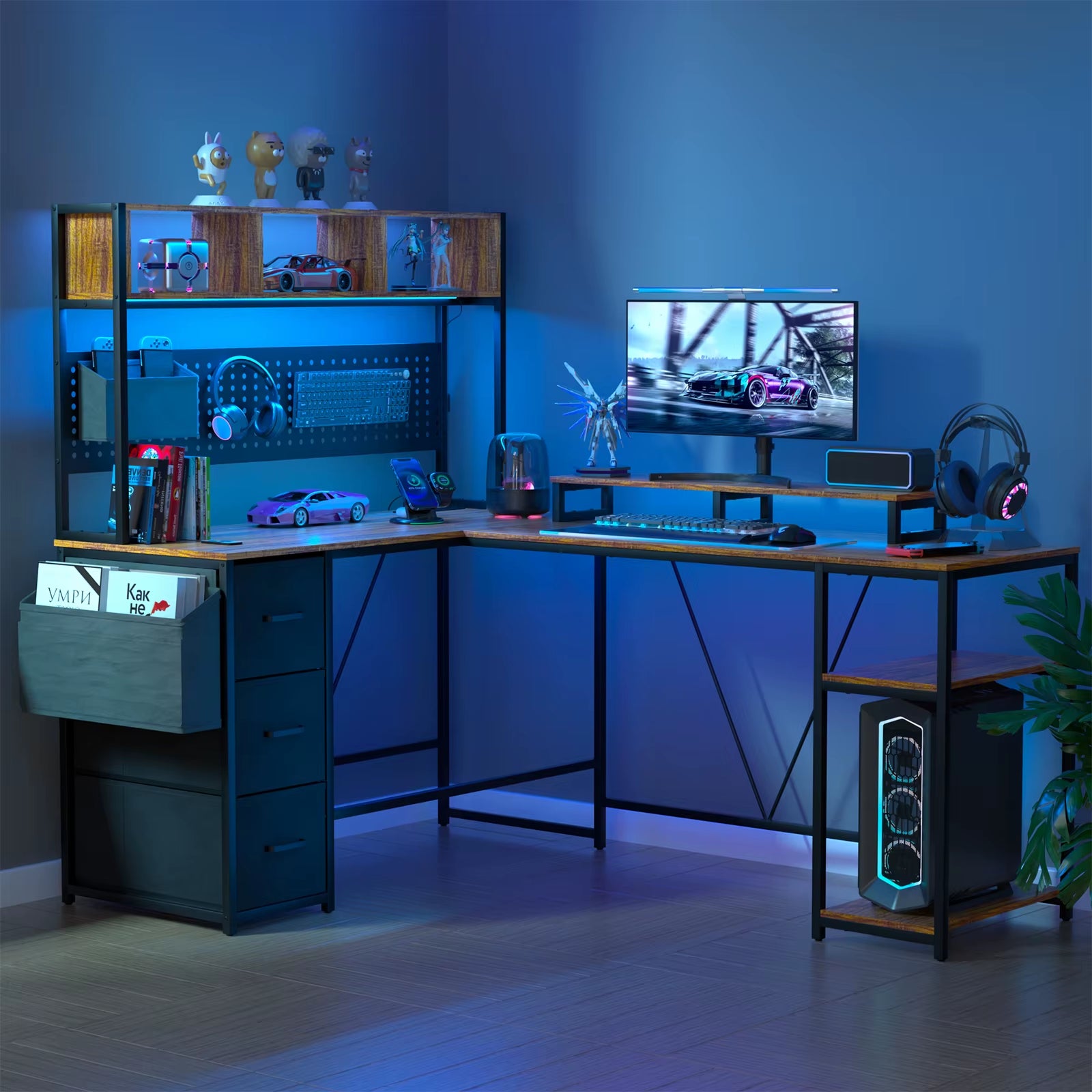 67" L Shaped Gaming Desk, Computer Desk with Power Outlet-Brown