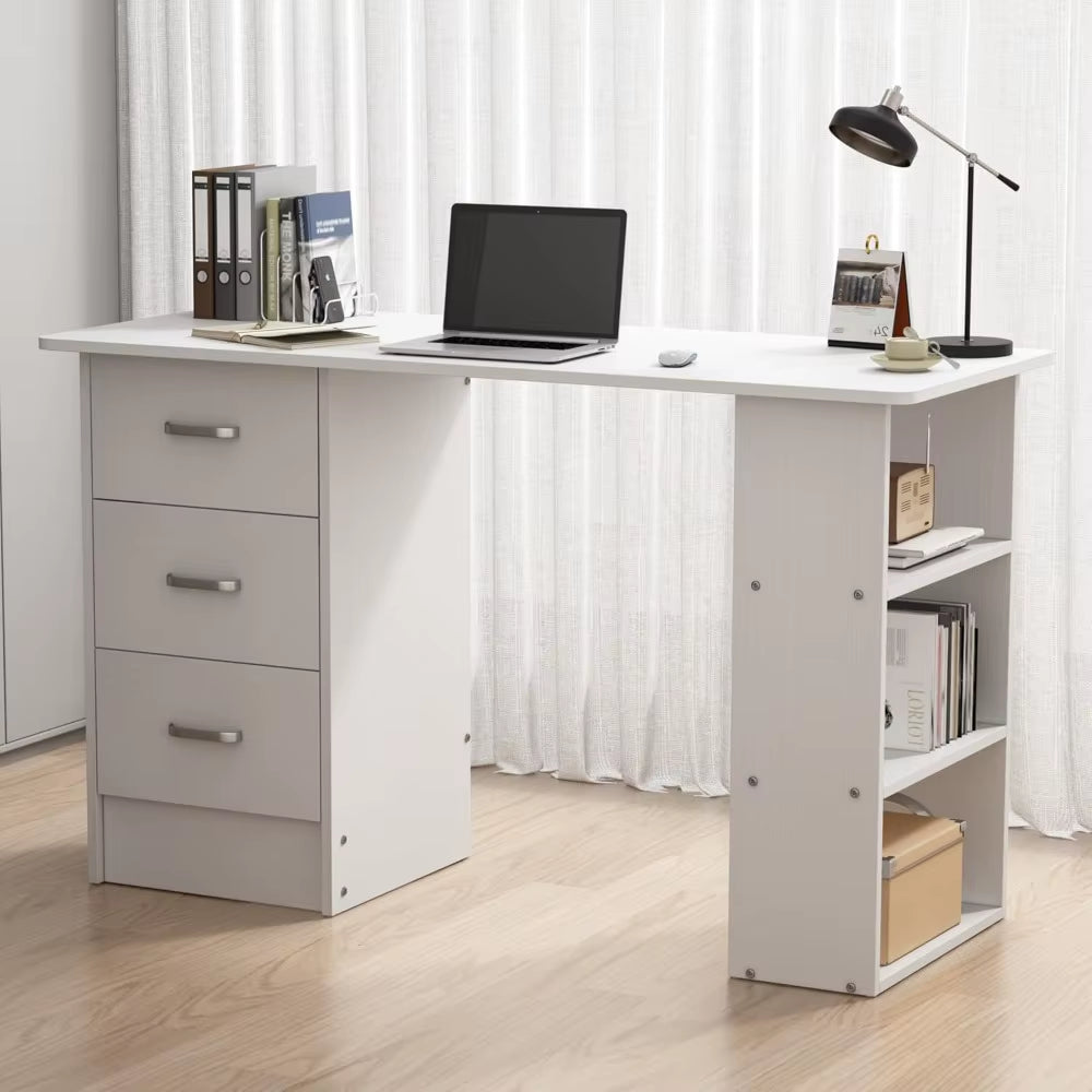 Computer Desk with Drawers,Standing Desk with Storage Racks,Writing Desk for Home Office or Bedroom (White)