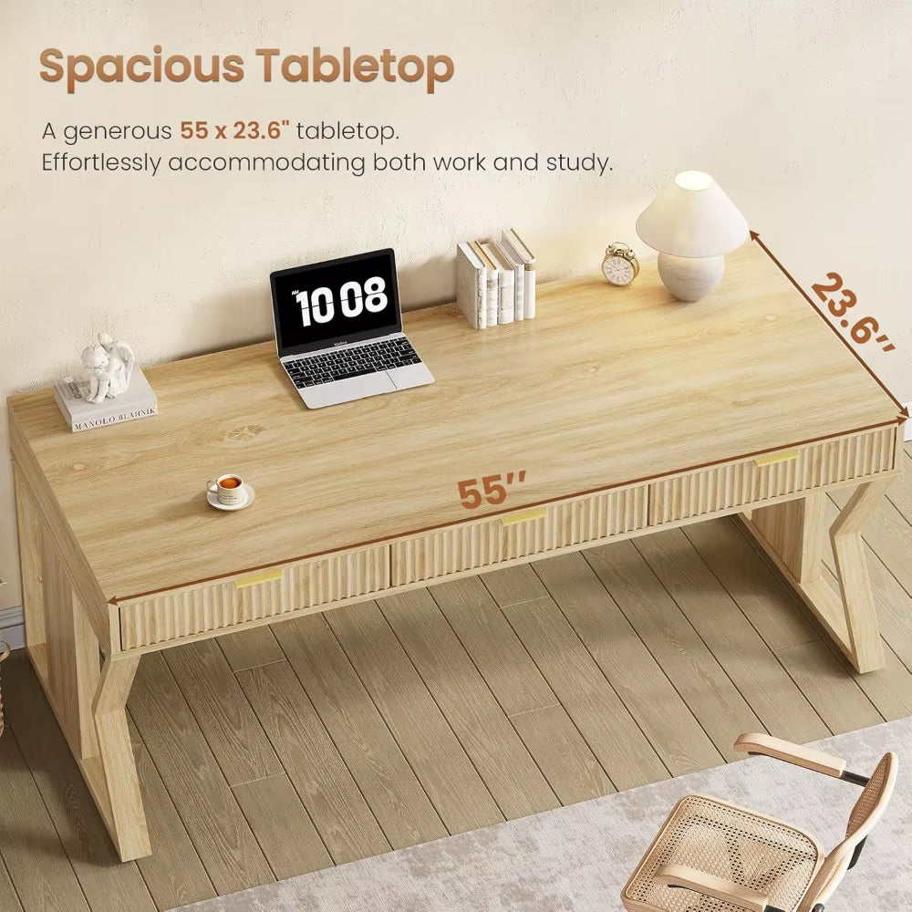 SEDETA 55 Executive Office Desk with 3 Drawers, Home Office Desk with Storage Drawers, Computer Writing Desk Study Table, Natura