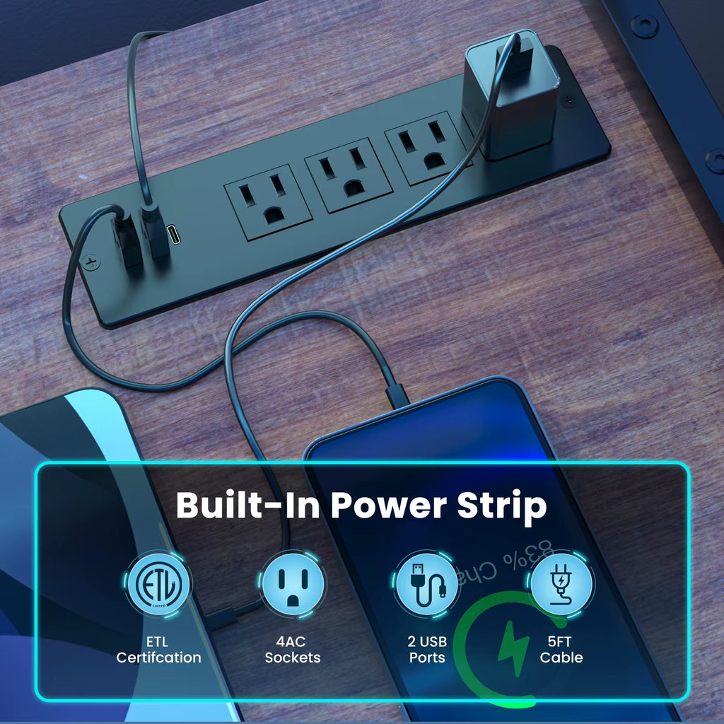 67" L Shaped Gaming Desk, Computer Desk with Power Outlet-Brown