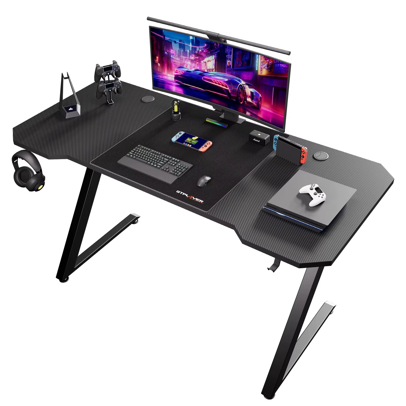 Gaming Desk Computer Desk Sturdy Carbon Fiber Z Frame Large Gaming Table with Headphone Hooks PC Desk