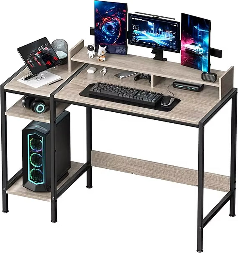 Gaming/Computer Desk - 47” Home Office Small Desk with Monitor Stand, Rustic Writing Desk for 2 Monitors, Adjustable Storage Spa