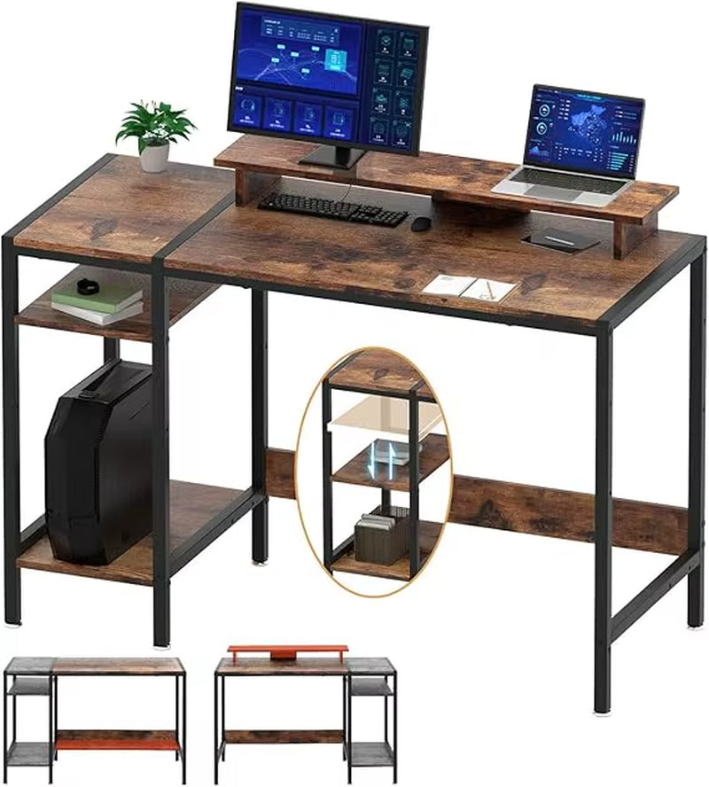 Gaming/Computer Desk - 47” Home Office Small Desk with Monitor Stand, Rustic Writing Desk for 2 Monitors, Adjustable Storage Spa