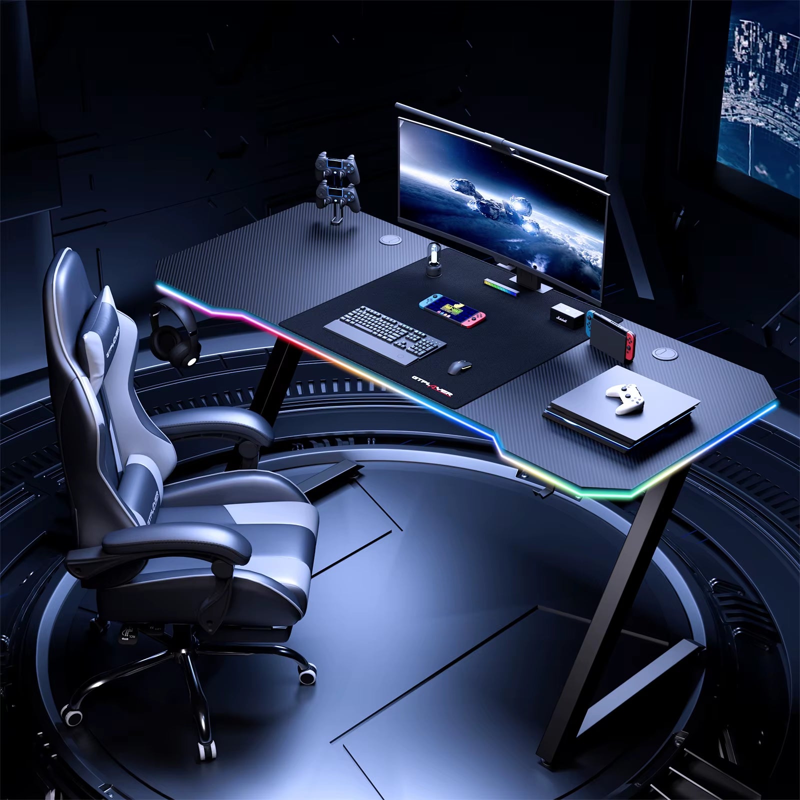 Gaming Desk Computer Desk Sturdy Carbon Fiber Z Frame Large Gaming Table with Headphone Hooks PC Desk