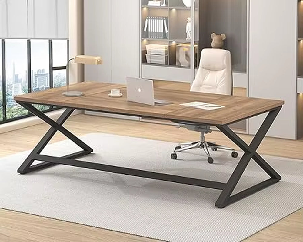 Rustic Large Desk for Home Office, 78.7" Extra Long Computer Desk, Wood Metal Wide Work Desk for Study Writing, Farmhouse Dual