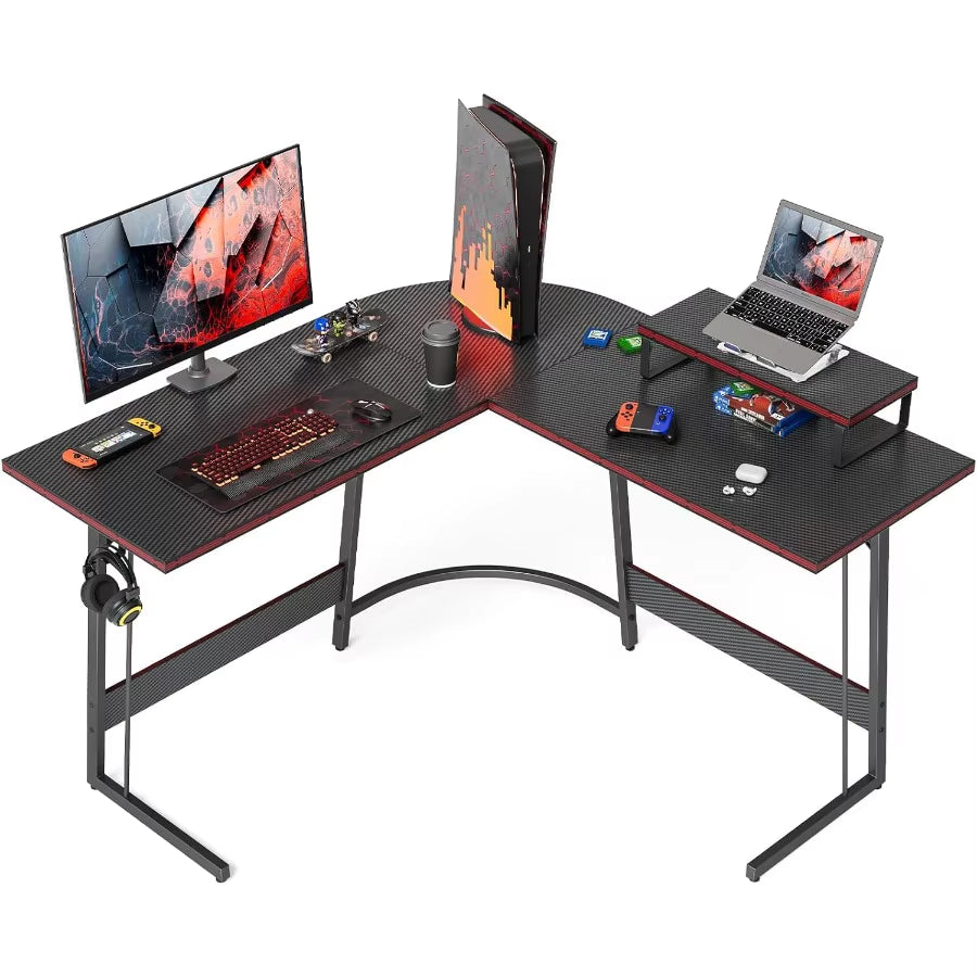 L Shaped Gaming Desk Computer Office Desk with Carbon Fiber Surface 47 Inch Corner Desk with Large Monitor Stand for Home Offic