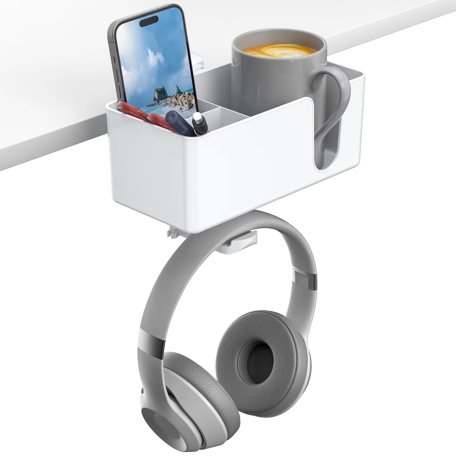 4 in 1 Desk Cup Holder Clamp on under Desk Headphone Hanger Rotating Headphone Holder Detachable Cup Holder Desk Storage