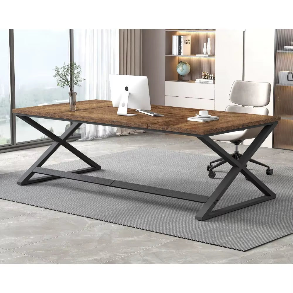 Rustic Large Desk for Home Office, 78.7" Extra Long Computer Desk, Wood Metal Wide Work Desk for Study Writing, Farmhouse Dual