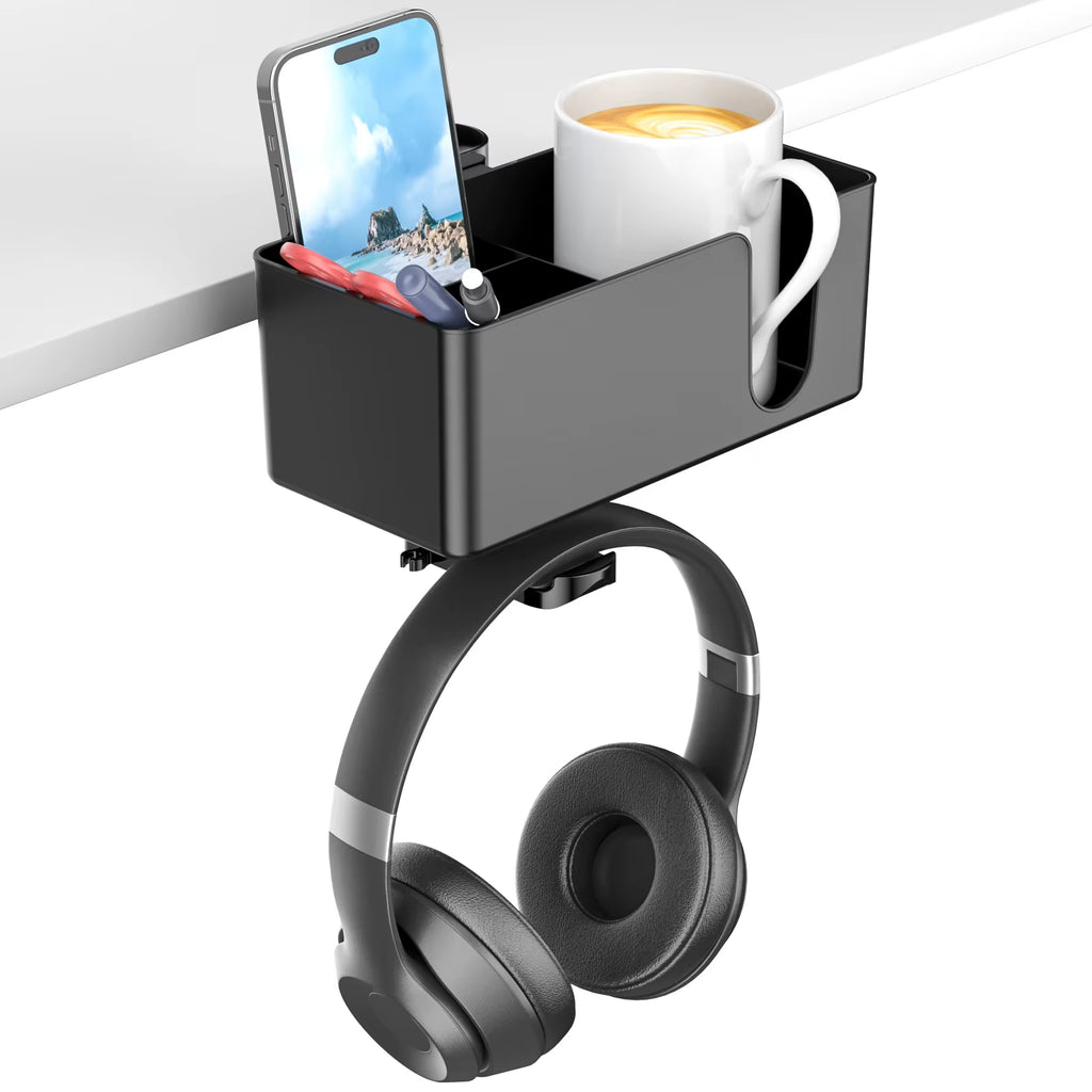 4 in 1 Desk Cup Holder Clamp on under Desk Headphone Hanger Rotating Headphone Holder Detachable Cup Holder Desk Storage