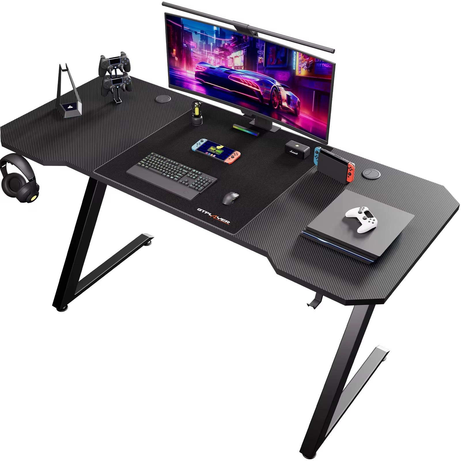 Gaming Desk Computer Desk Sturdy Carbon Fiber Z Frame Large Gaming Table with Headphone Hooks PC Desk
