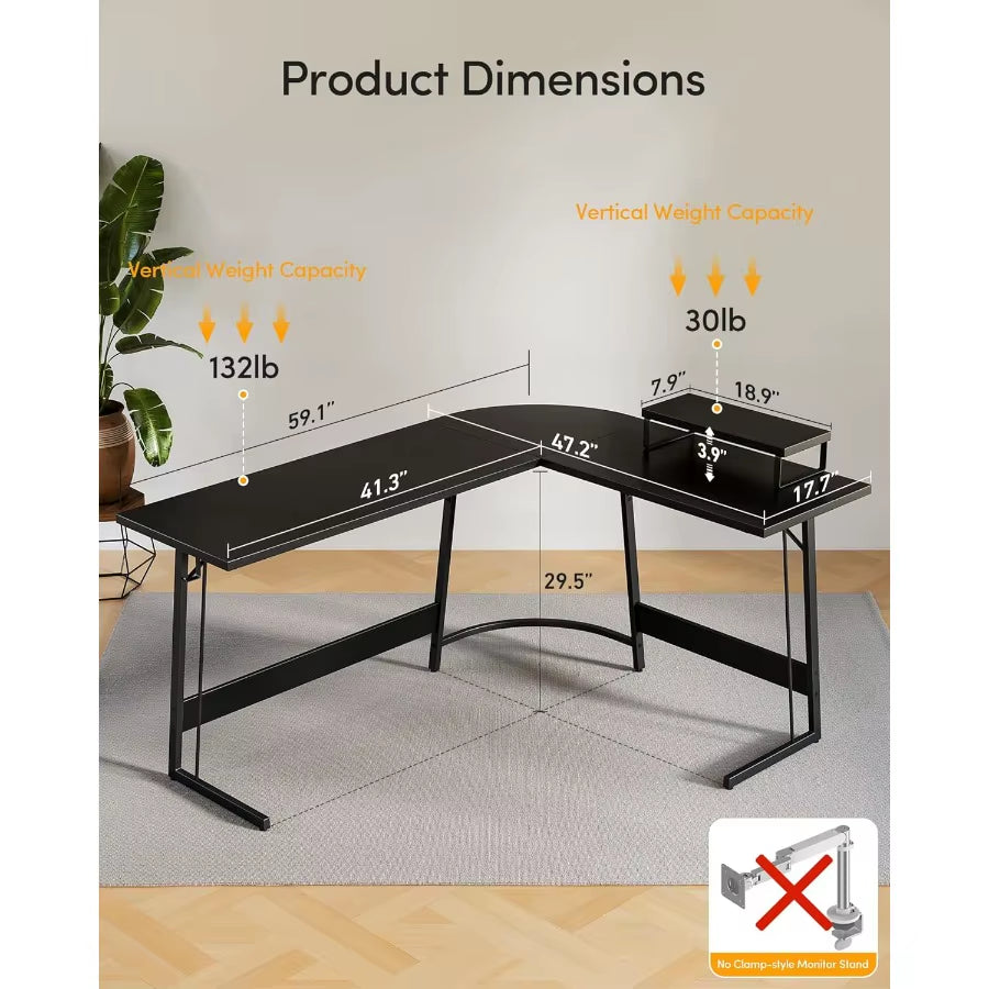 L Shaped Gaming Desk Computer Office Desk 59 Inch Corner Desk with Large Monitor Stand for Home Office Study Writing Workstatio
