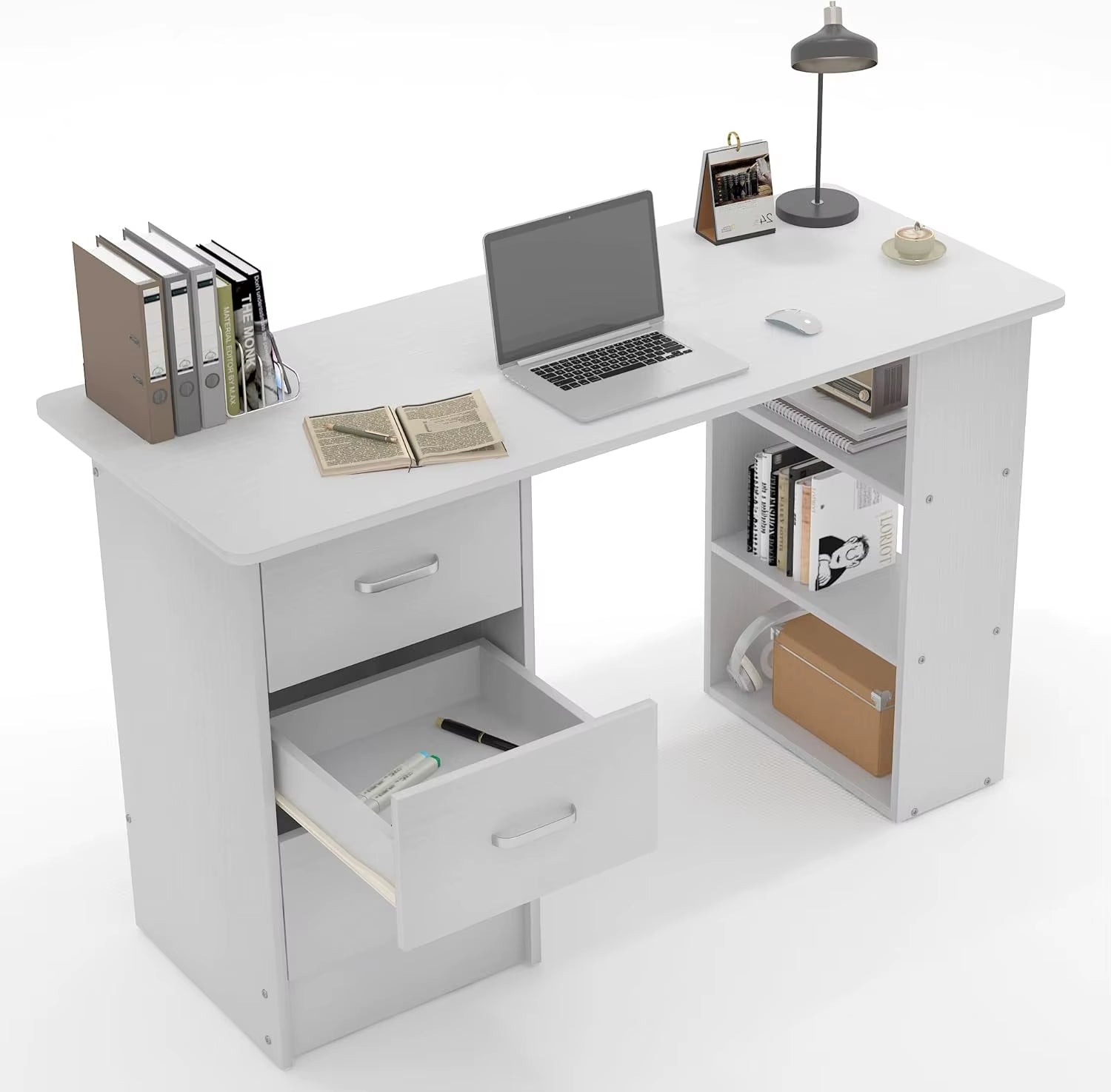 Computer Desk with Drawers,Standing Desk with Storage Racks,Writing Desk for Home Office or Bedroom (White)