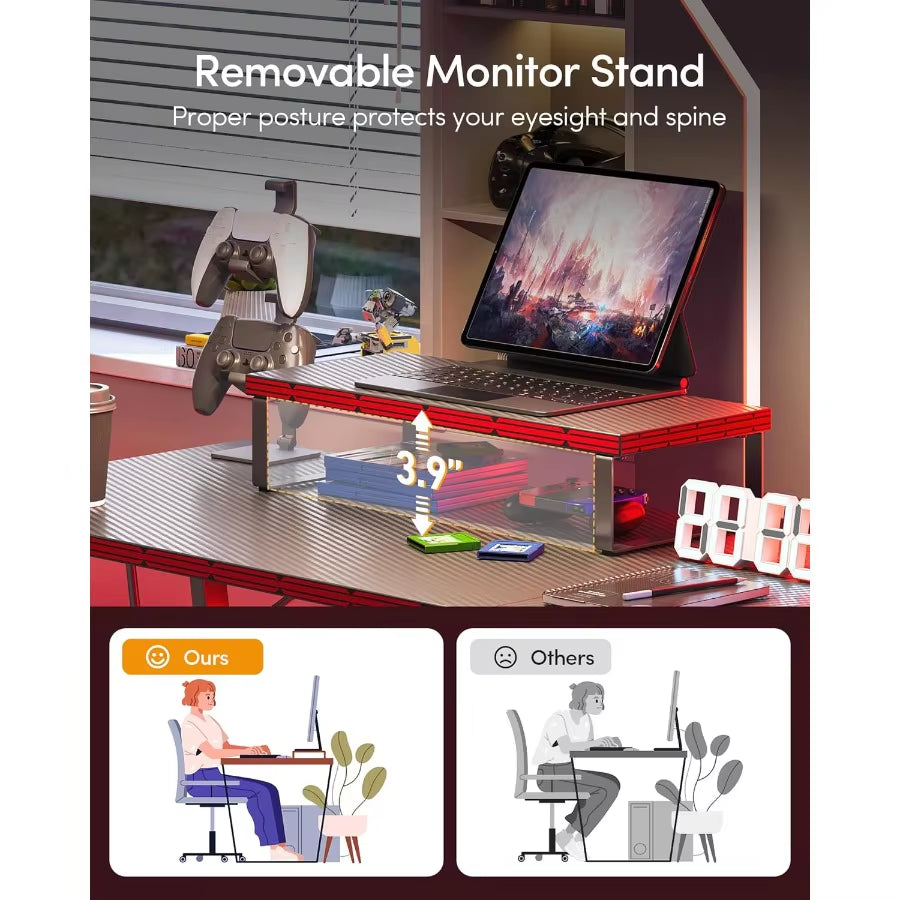 L Shaped Gaming Desk Computer Office Desk with Carbon Fiber Surface 47 Inch Corner Desk with Large Monitor Stand for Home Offic