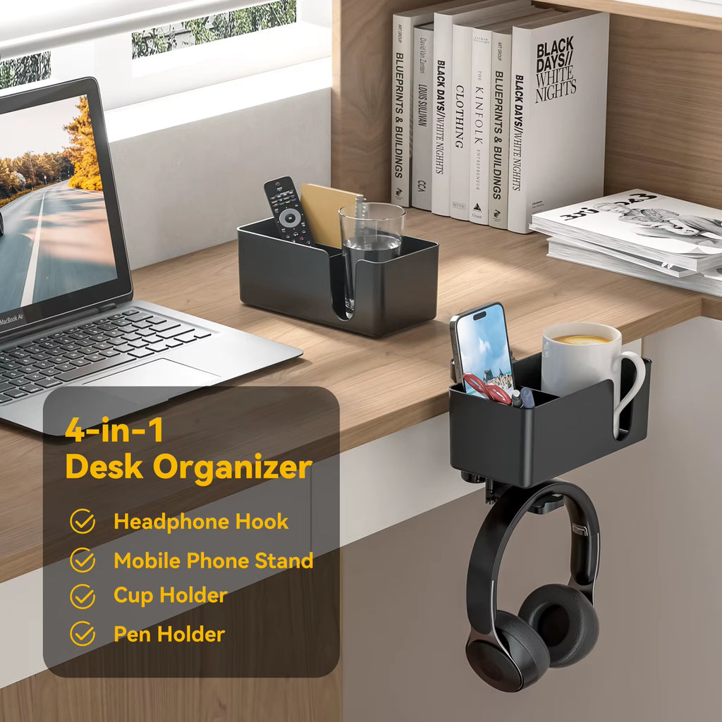 4 in 1 Desk Cup Holder Clamp on under Desk Headphone Hanger Rotating Headphone Holder Detachable Cup Holder Desk Storage