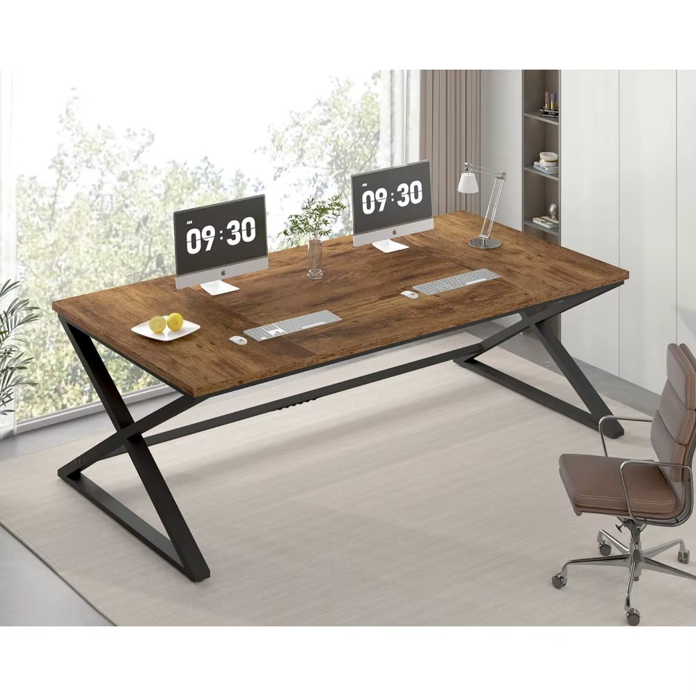 Rustic Large Desk for Home Office, 78.7" Extra Long Computer Desk, Wood Metal Wide Work Desk for Study Writing, Farmhouse Dual