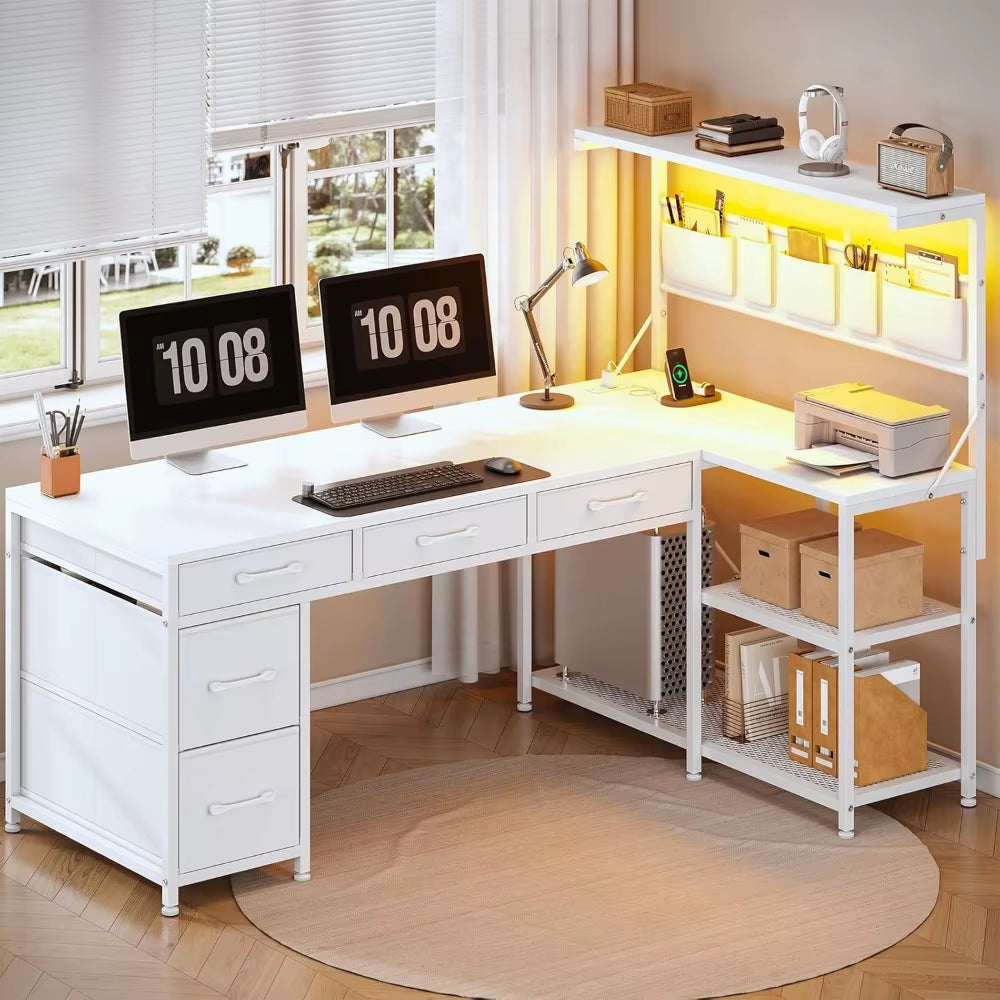 Corner Computer Desk, Reversible L Shaped Computer Desk with Fabric Drawers and Power Outlet, 47.2” Gaming Desk with LED