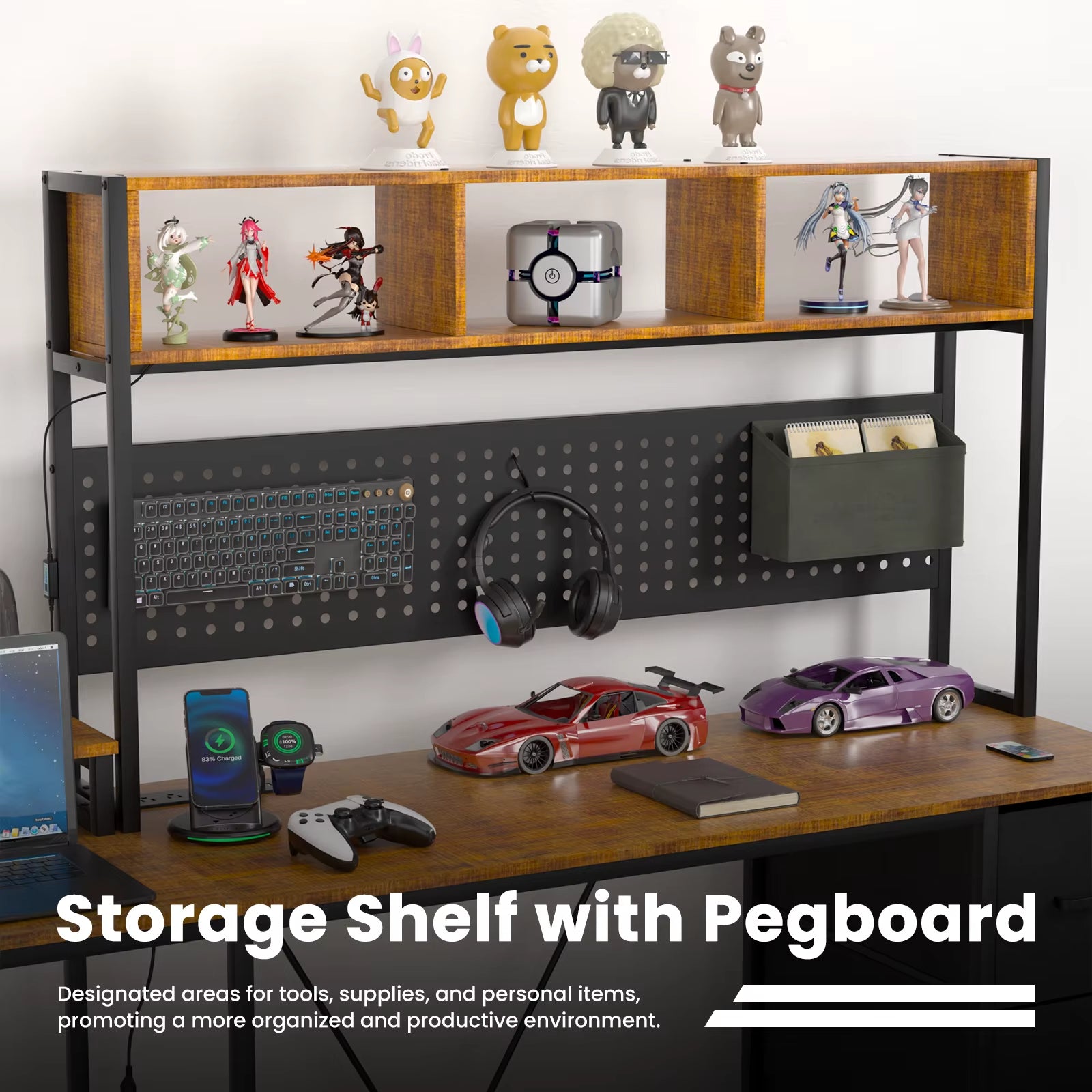 67" L Shaped Gaming Desk, Computer Desk with Power Outlet-Brown