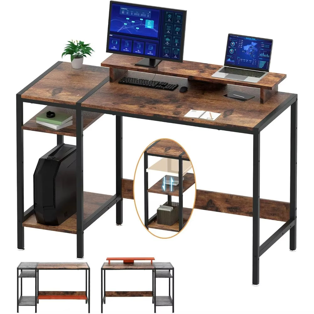 Gaming/Computer Desk - 47” Home Office Small Desk with Monitor Stand, Rustic Writing Desk for 2 Monitors, Adjustable Storage Spa