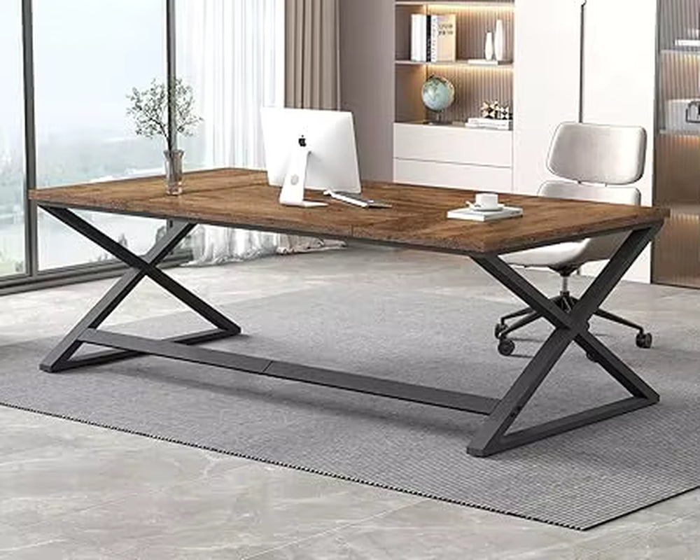 Rustic Large Desk for Home Office, 78.7" Extra Long Computer Desk, Wood Metal Wide Work Desk for Study Writing, Farmhouse Dual